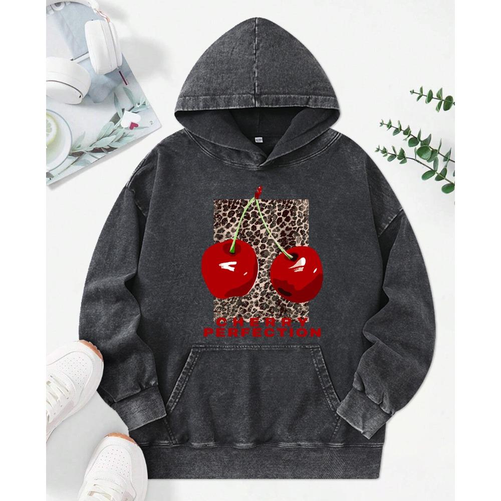Fashion Leopard And Cherry Perfection Print Women Washed Hoodies Multicolor Hoody Loose Streetwear  Womenwear