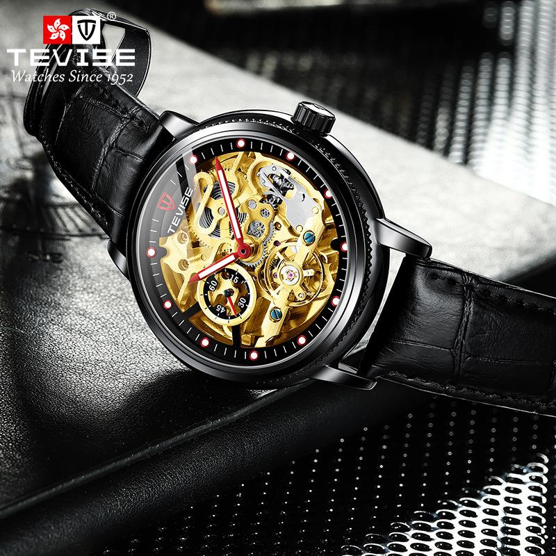 TEVISE Uhr Herren Hollow Fashion Leder Herrenuhr Im Dunkeln leuchtende automatische mechanische Uhr