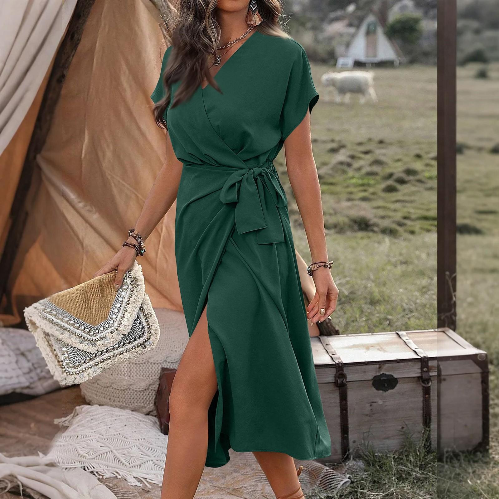 

Женское платье с запахом и V-образным вырезом, с драпировкой, разрезом, плиссировкой на талии и завязками, с коротким рукавом, летнее платье миди L зелёный