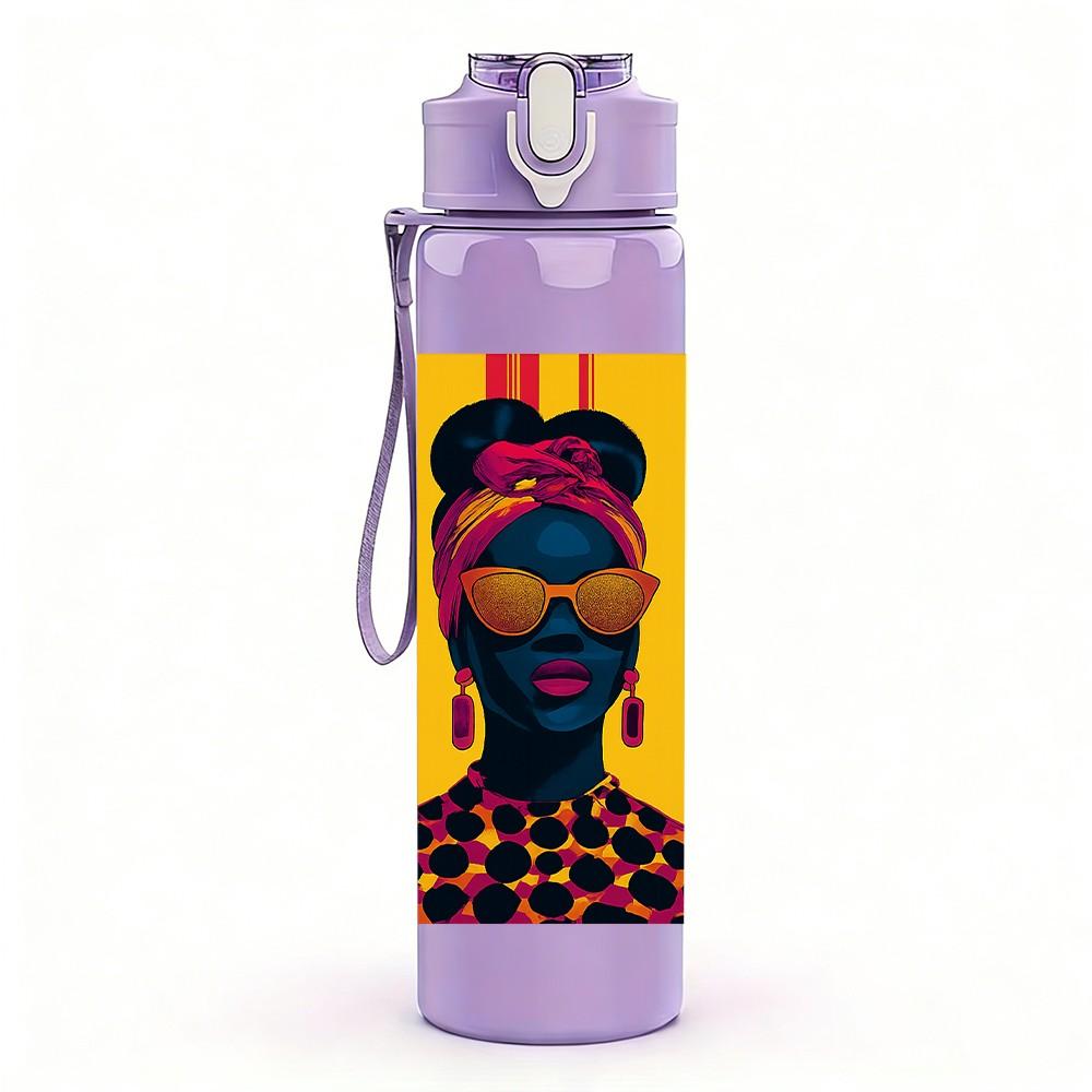 1PC Three Black Women Ethnic Art Print 750ml Color Plastic Sports Water Bottle Leakproof Flip Straw Lid Suitable for Sports Office Home Use