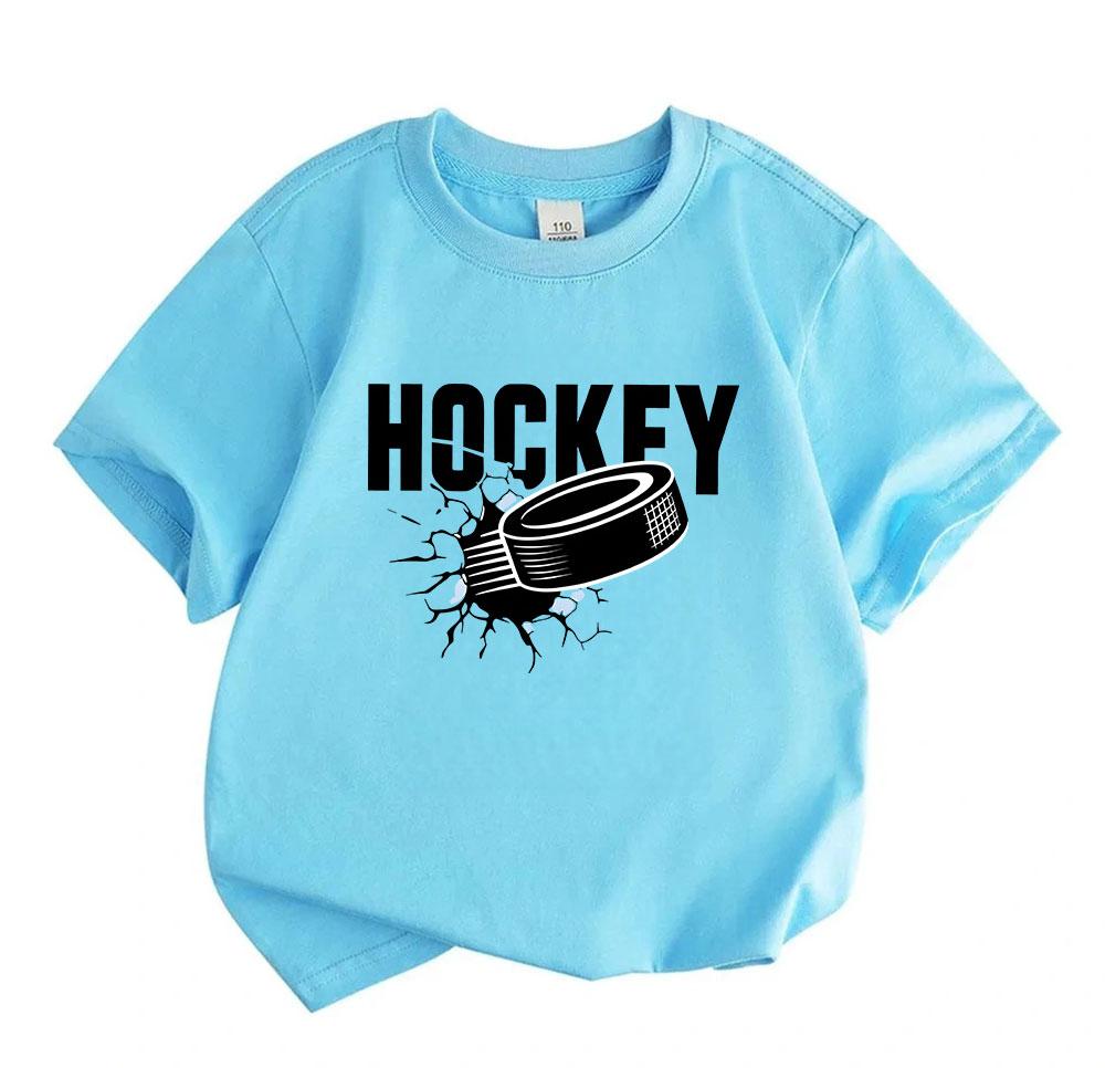 Kids Boys Girls 100% Cotton Crew Neck Short Sleeve T-Shirt, Cool Ice Breaking Hockey Puck Print Casual Soft Daily Tees for Sports Game Playing Summer