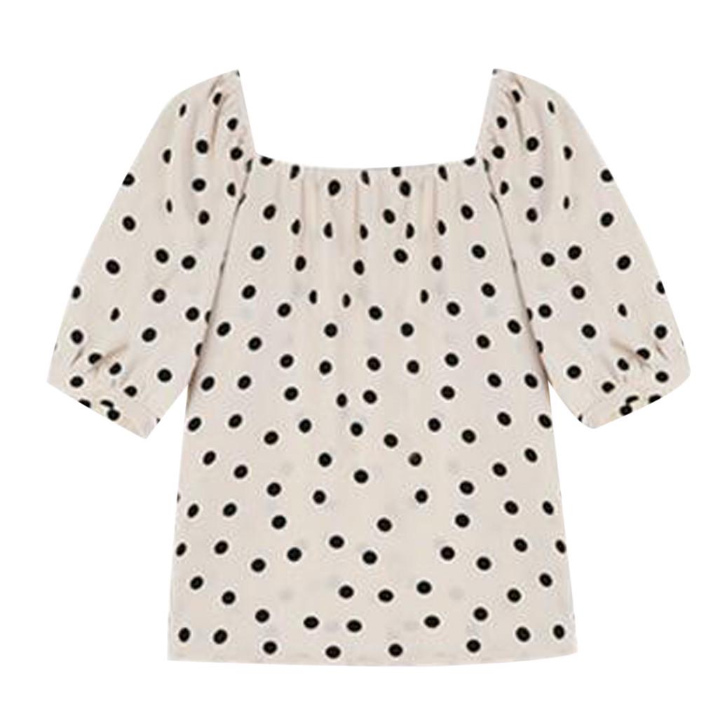 Moda Donna Top a Maniche Corte Sbuffo Pois Scollo Quadrato Camicie da Donna