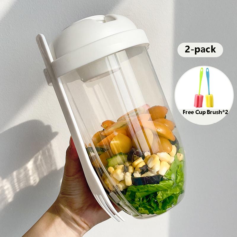 1pc/2pc Portable Salad Cup with Leak-Proof Lid & Built-in Fork Healthy Meal Prep for Lunch Breakfast Dressing Storage Salad Bowl