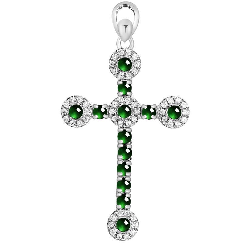 

S925 Silver Inlaid Natural Grade A Bright Green Jade Cross Pendant for Men and Women With Titanium Steel Chain