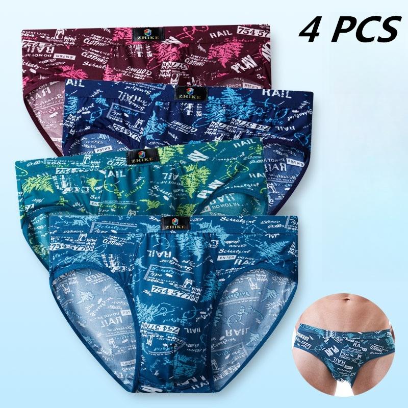 4 Pcs Men's Underwear Ice Silk Big Size Briefs Printed Summer Thin Breathable Cool Panties L TO 8XL