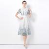 Summer Fashionable Short Sleeve Slimming Water Soluble Lace Dress Vintage Stand Collar Ruffles Splice Lace Mid-Length Dress