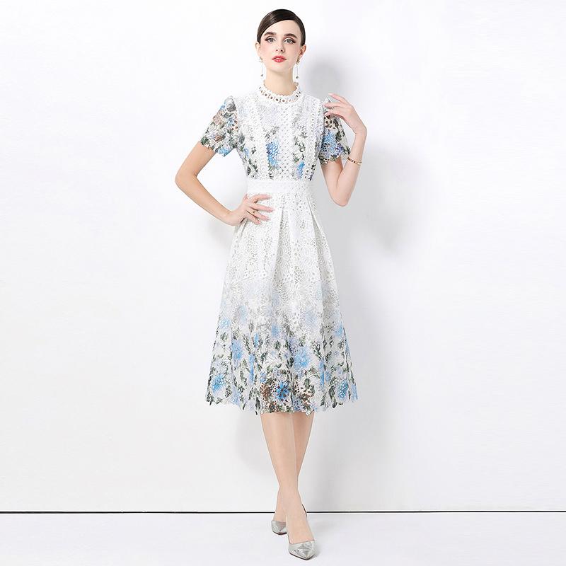 Summer Fashionable Short Sleeve Slimming Water Soluble Lace Dress Vintage Stand Collar Ruffles Splice Lace Mid-Length Dress