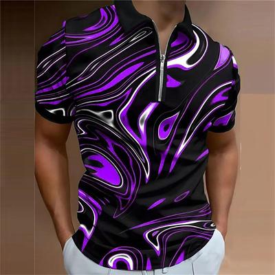 Men's Zipper and 3D Abstract Optical Illusion Printed Polo, Outdoor Daily Street Clothing, Foldable Zipper Polyester Short Sleeved Shirt