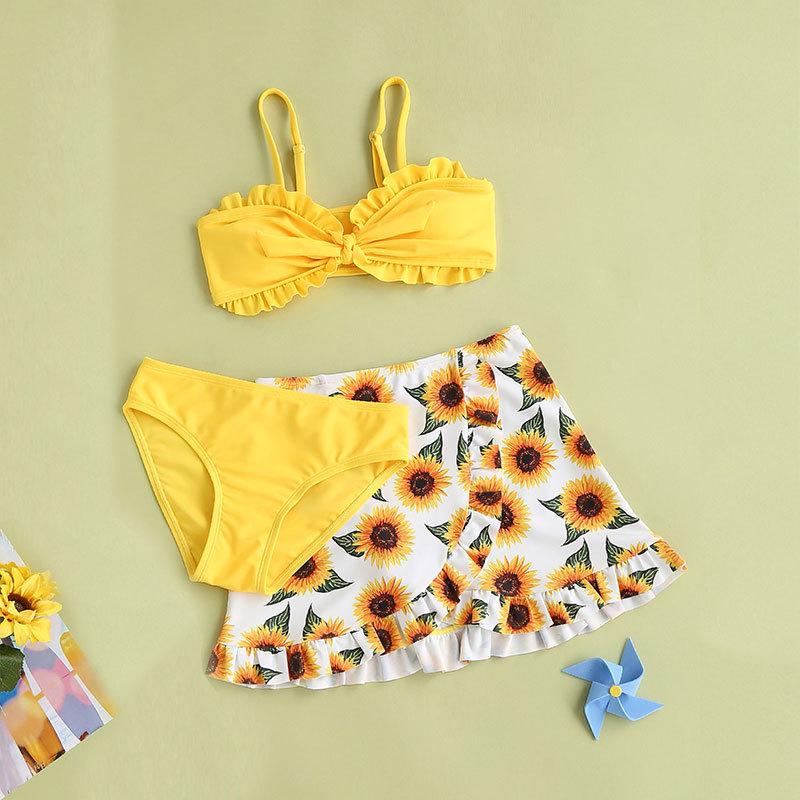 2025 Girls' Solid Color Flounce Three-Piece Swimsuit with Mesh Skirt