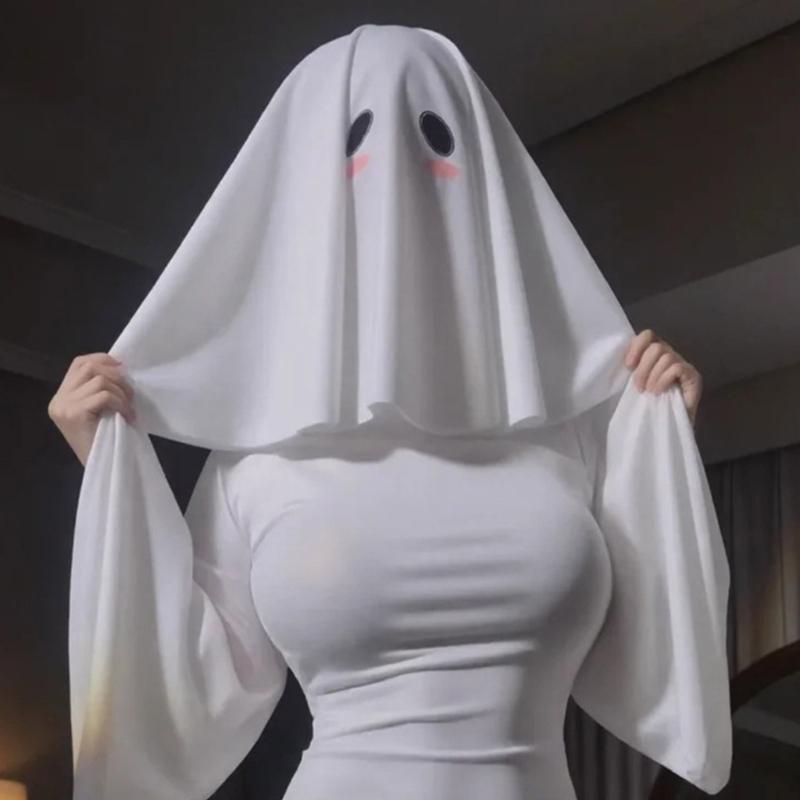 White Phantom Hooded Scarf For Horror Cosplay Stretchy Polyester Fabric Head Cover Ideal For Haunted House Event