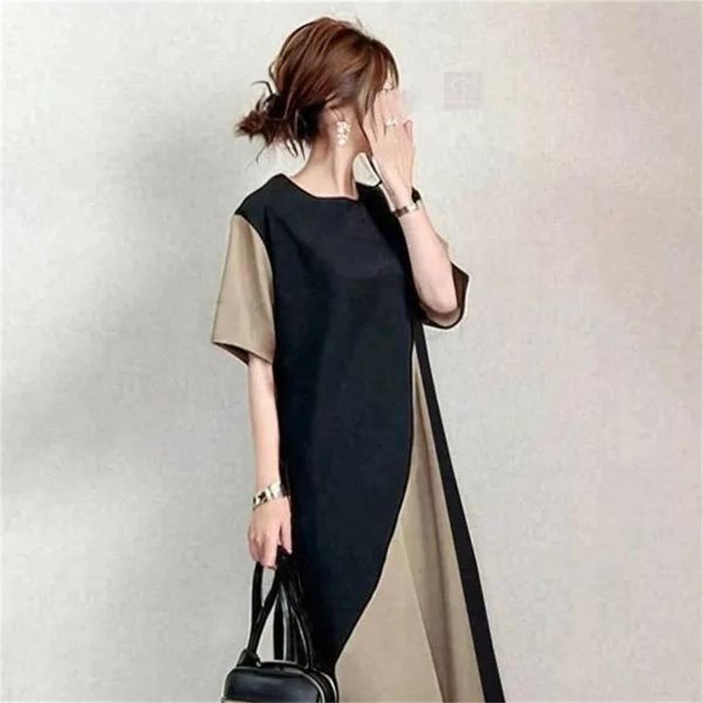 YUANYUAN Summer Don King Short Long Round High Loose Perfect for Summer Women's Color-Matching Dress, Dress, Sleeves, Length, Neck, Waist, A-Line,