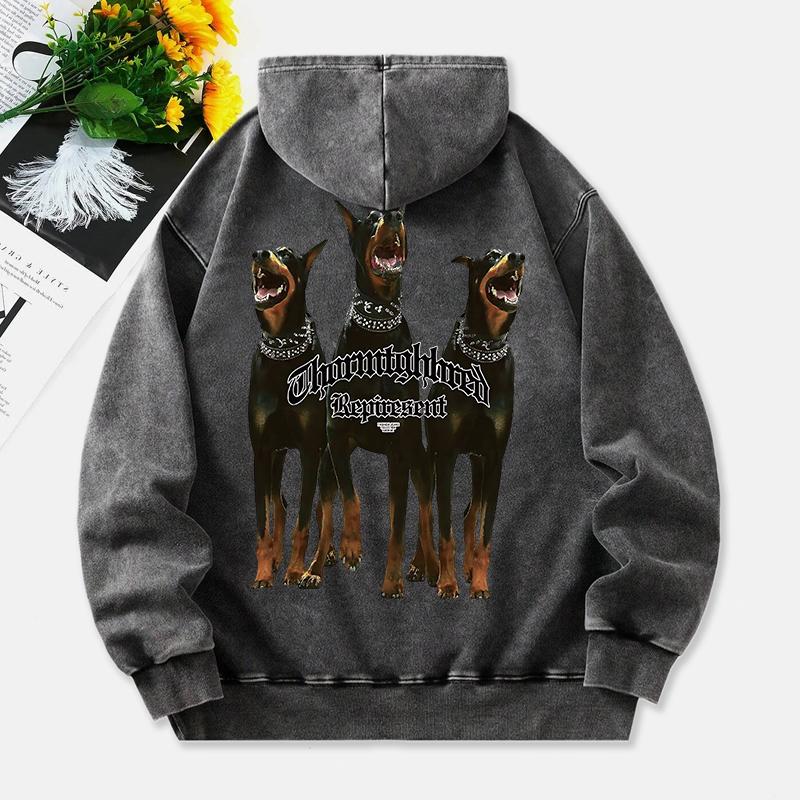 Dobermann Pinscher Gewaschene Hoodies Damen 3 Hunde Druck Baumwolle Streetwear Übergröße Tasche Warm Damen Kleidung