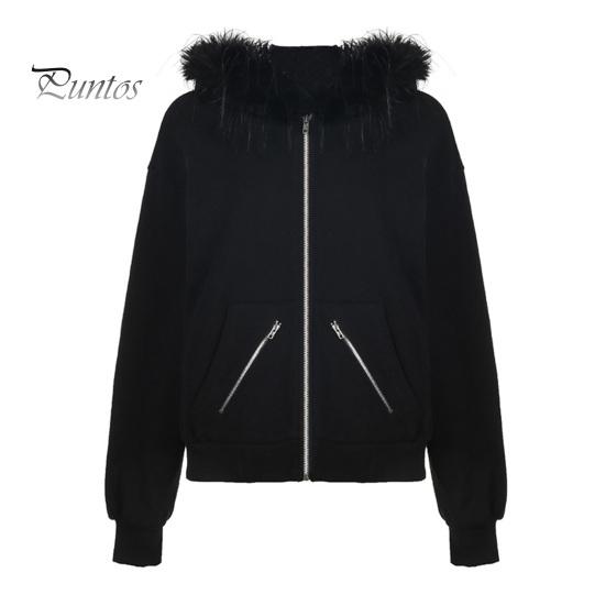 

Женское зимнее пальто с плюшевым капюшоном, кардиган в уличном стиле на молнии с капюшоном и карманами на молнии, однотонная теплая свободная верхняя одежда L чёрный