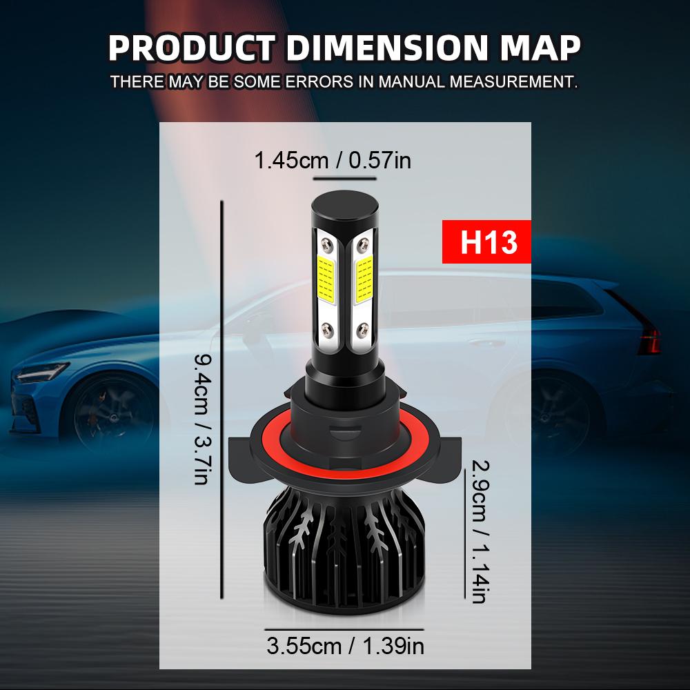 H13 Car LED HeadLight Bulbs Socket H13 High&Low Beam Highlight 360°degree  4 Side COB Chips 12000LM 6500K White