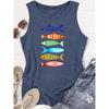 Women's sleeveless vest with watercolor line fish print, premium quality, fun and trendy, suitable for spring and summer.