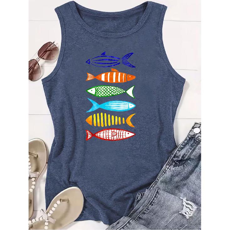 Women's sleeveless vest with watercolor line fish print, premium quality, fun and trendy, suitable for spring and summer.