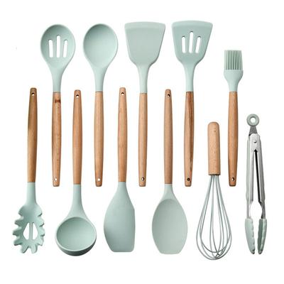 12pcs/Set Non-Stick Silicone Kitchenware Wood Handle Cooking Set Heat Resistant Spatula Kitchen White Utensils Accessories