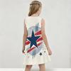 Girls White Round Neck Sleeveless Printed A Line Flared Dress Eagle Star Stripe Design