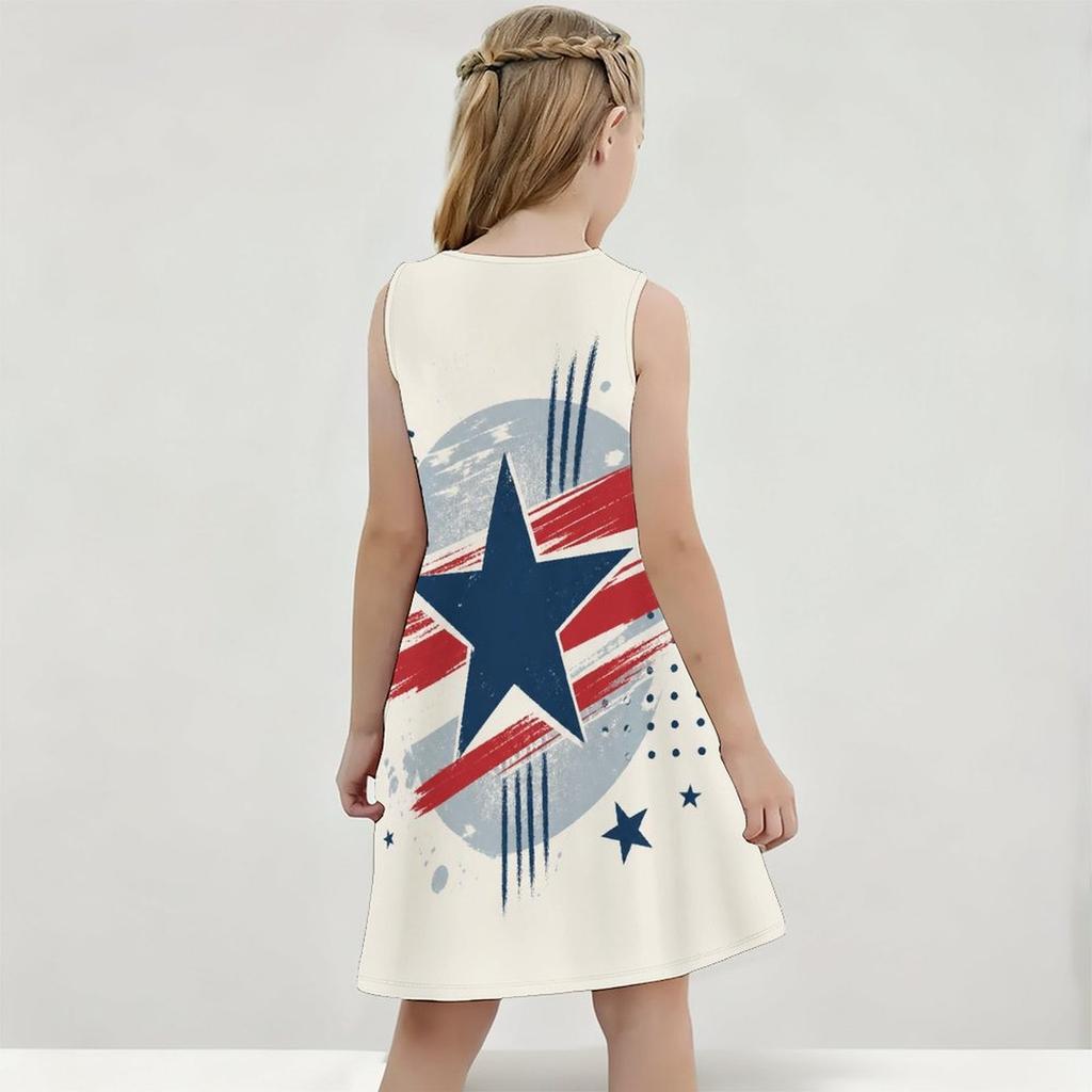 Girls White Round Neck Sleeveless Printed A Line Flared Dress Eagle Star Stripe Design