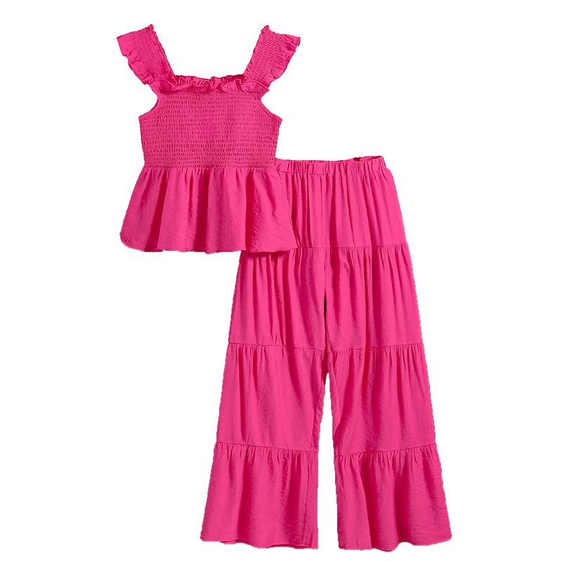 2025 Summer Girls' Spaghetti Strap Top & Wide-Leg Pants Two-Piece Set - European & American Style for Middle & Big Kids