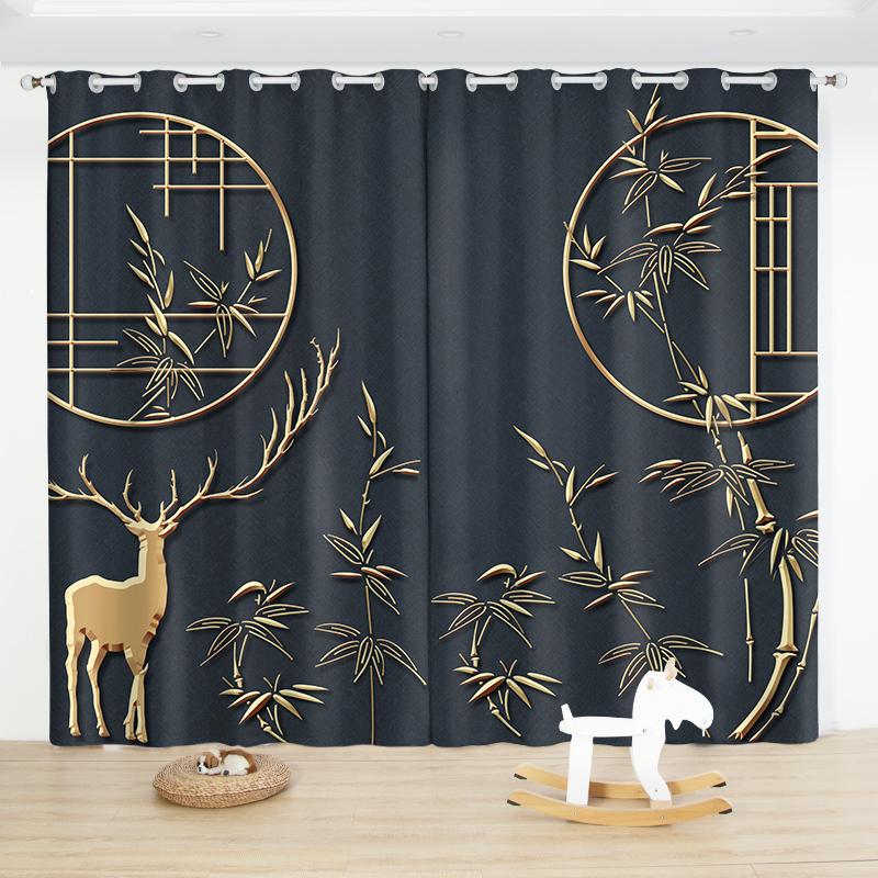 

Китайские чернила бамбуковые полузатемняющие занавески с принтом люверсы для верхней спальни гостиной от пола до потолка 2 панели шторы (W50cmxH130cm)x2&Grommet Top