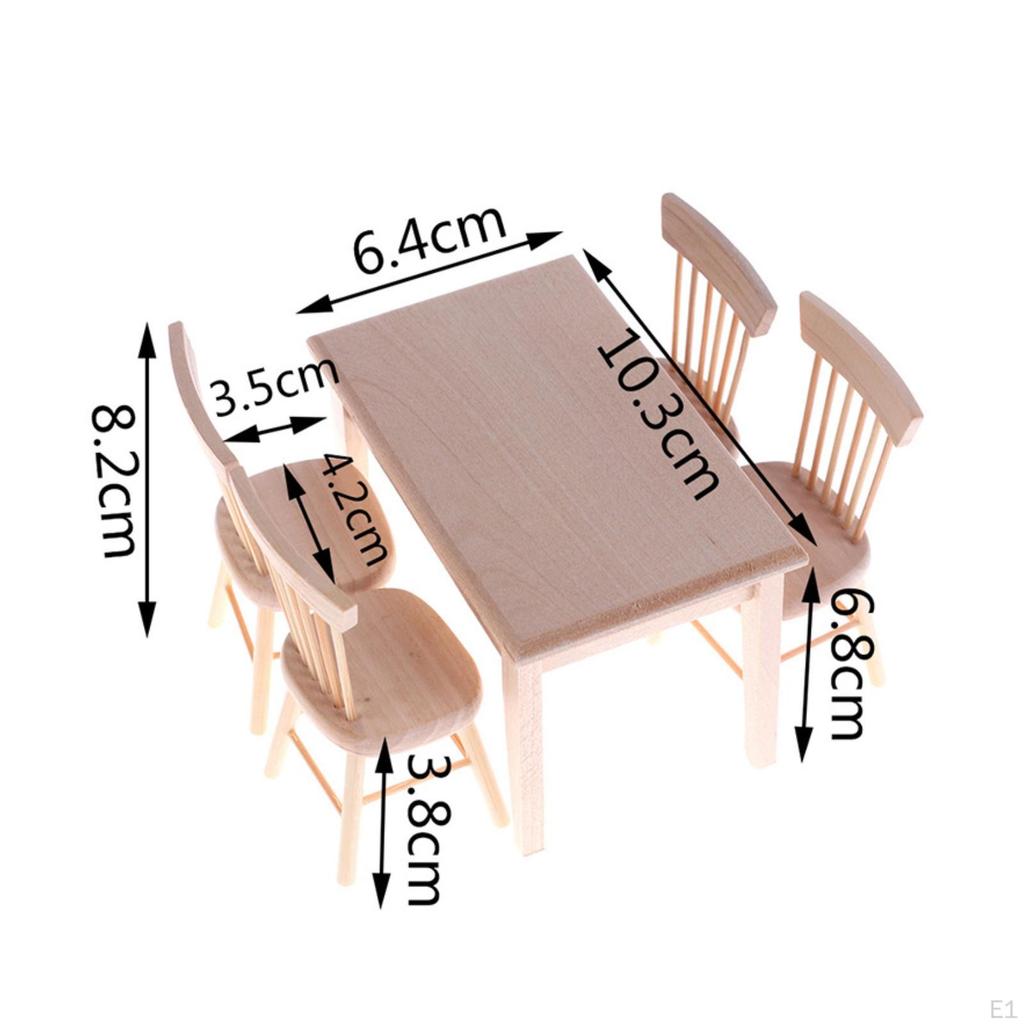 5 Pieces Dollhouse Dining Set Wooden Miniature Table with Chairs Wood and