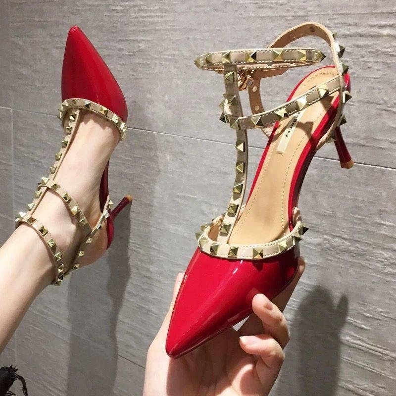 Stiletto High Heels Women's Summer New Nude Rivets Design Pointed Sandals Bag Head Single Shoes