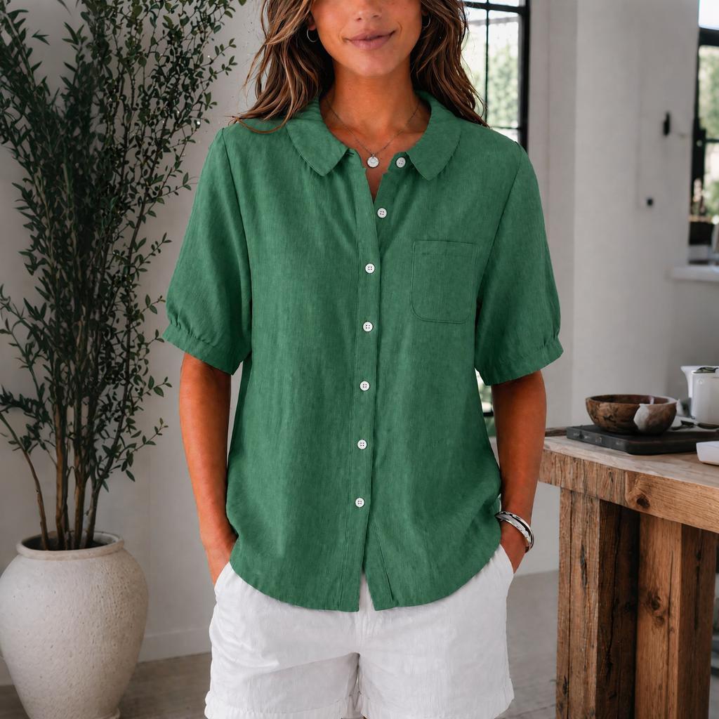 Women Lightweight Linen Cotton Shirt Short Sleeve Button Down Loose Fit Casual Workwear Blouse with Pocket Summer Top