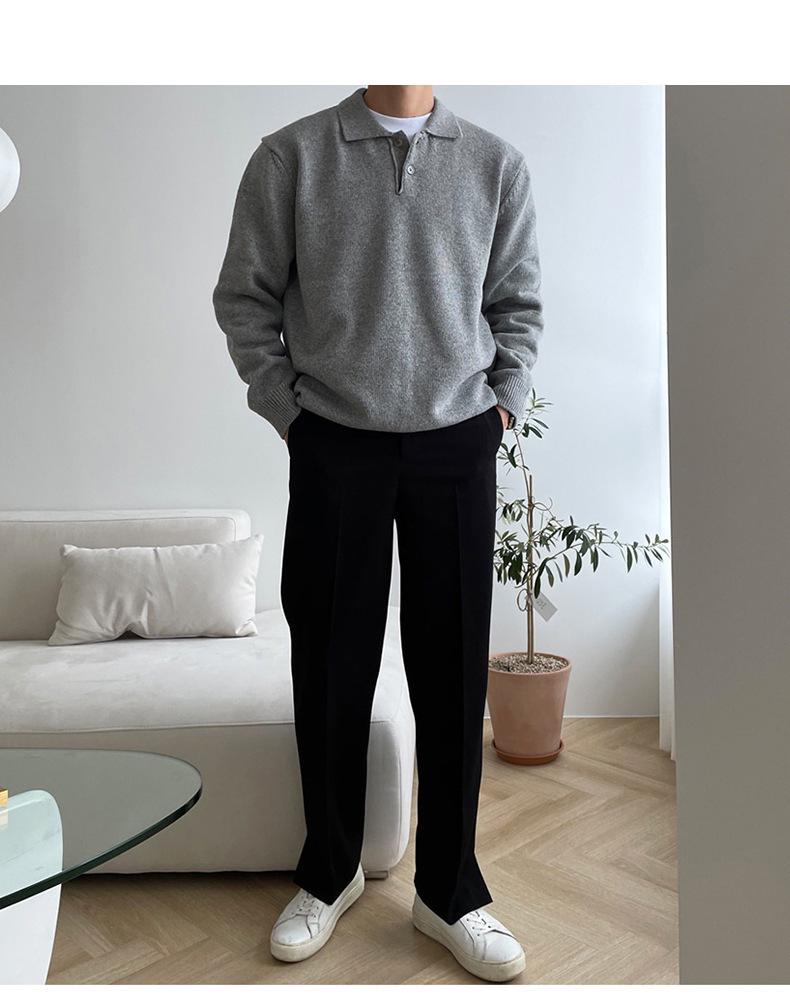 Men's Loose Knit Polo Sweater - Casual Korean Style, Solid Color, Hong Kong-inspired Pullover