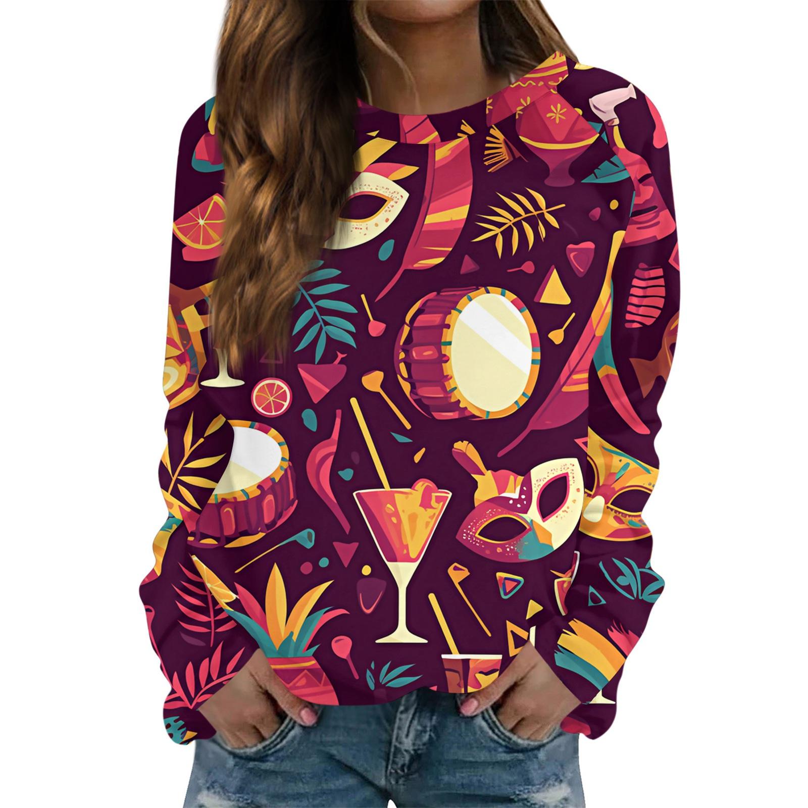 

Круглый вырез с длинным рукавом толстовки для женщин принт графический топ повседневные базовые топы пуловер L