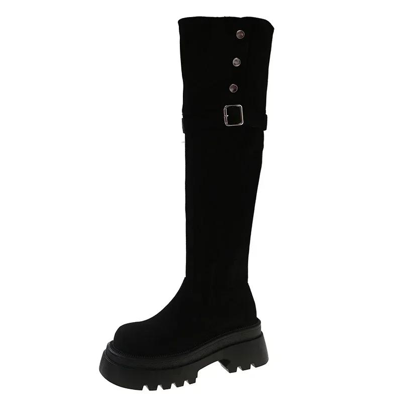 Women's Knight Boots New Platform Strap Buckle Women's Boots High Thick Heels Round Head Long Boots Over-the-Knee