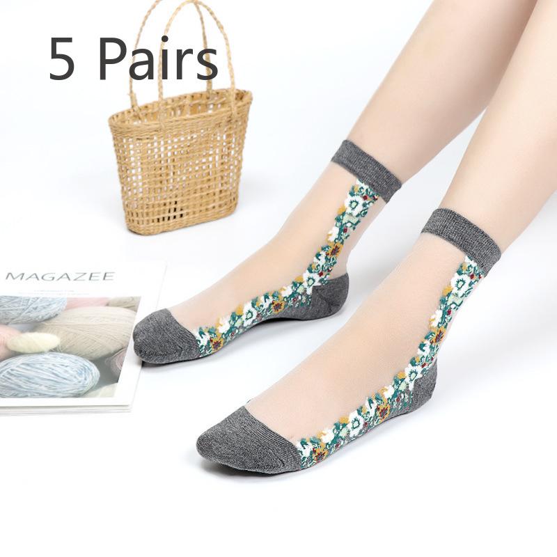 5 Pairs of Ladies Autumn Thin Floral Embroidered Glass Silk Clear Cotton Bottom Crystal Ice Stockings