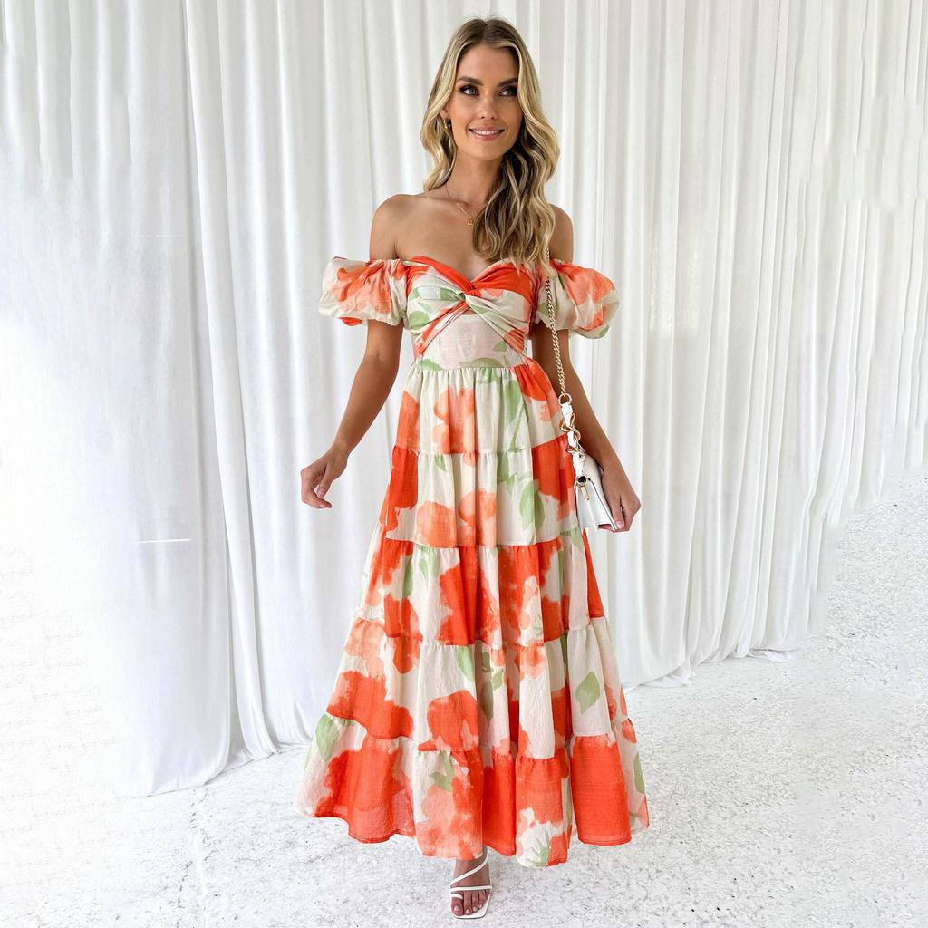 Summer Women's Fashion Print Pleated with Belt Ankel-Length V-Neck Dress