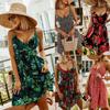 European & American Style V-neck Print Sling Waist Dress