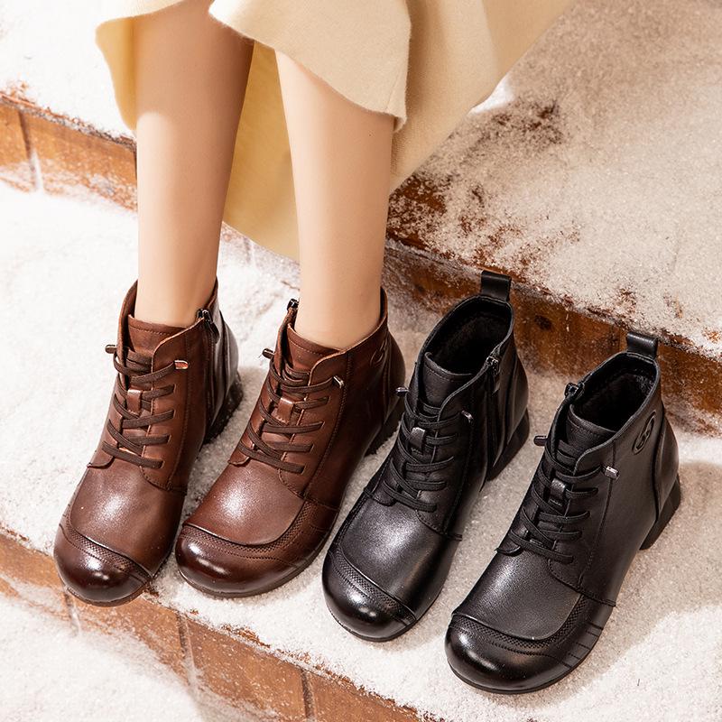 Women's Retro Genuine Leather Ankle Boots, Winter 2025 - Fleece-lined, Soft Sole, Non-slip, Wool Interior, Warm Snow Boots