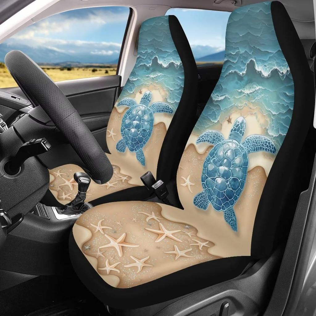 Bulopur Multicolor Polyester Universal Fit Car Truck SUV Van Automotive Seat Covers, 2pcs Front, Hibiscus Floral & Sea Turtle Print