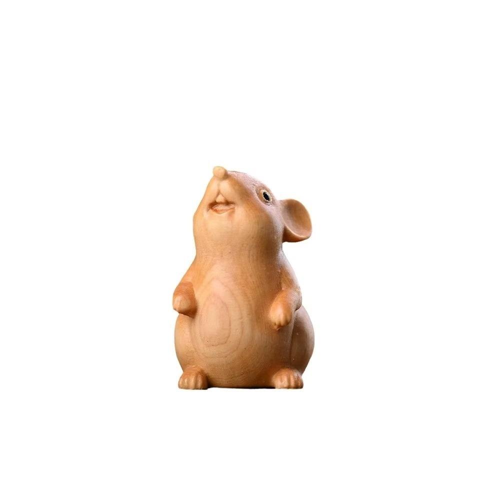 

Cute Wood Carved Zodiac Mouse Statuette Animal Figurine New Hamster Statue Office Gift Style 3