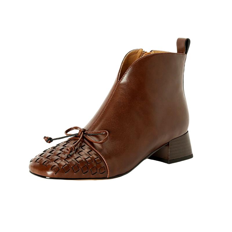Fashion Women's New Round Toe Autumn/winter Runway Runway Runway Bow Print Cowhide Mid Heel Plus Calf Zipper Retro Short Boots