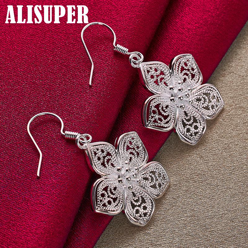 925 Sterling Silver Flower Star Drop Earrings Jewelry