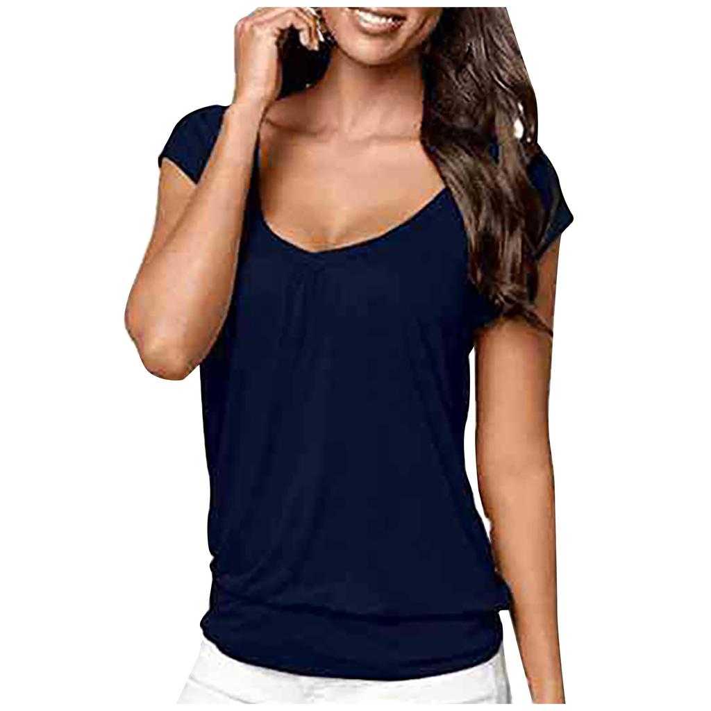 Women's  Summer Loose  V-neck  Solid Color Elastic Pleate Short-sleeved T-shirt