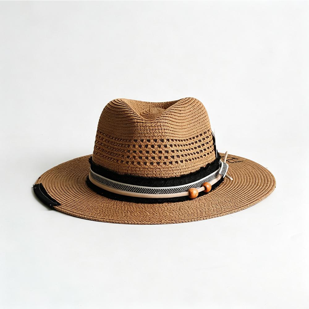 Fashion Black Men'S Summer Straw Woven Fedora Hat Panama Hat Wide Brim Summer Beach Sun Hat Playing Card Accessory