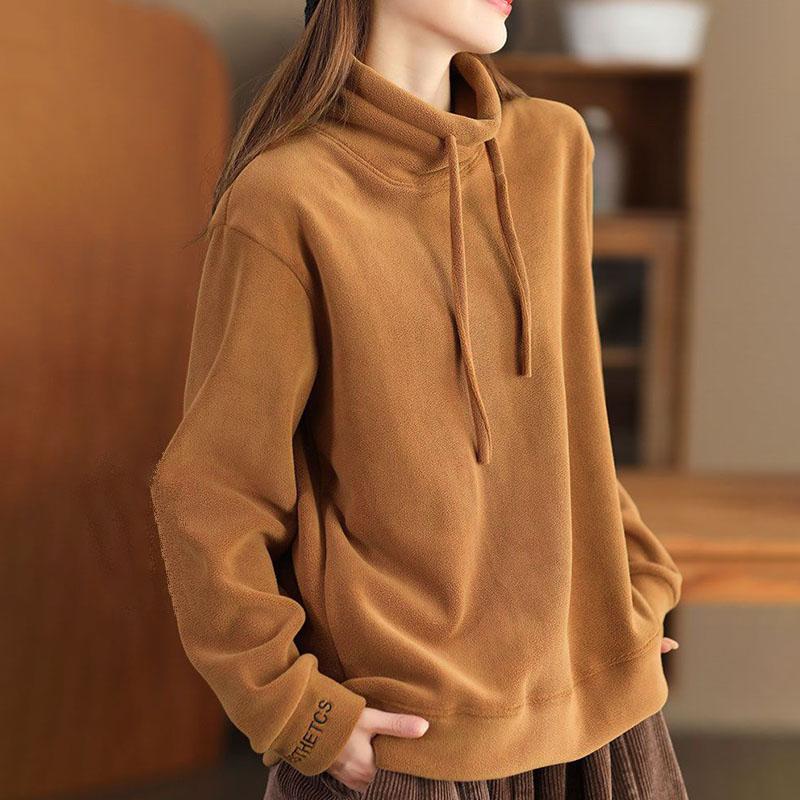 Women's Moral Velvet Sweatshirt Autumn Winter Loose Casual Flocked Pullover Sweatshirt Comfortable Warm Stand Collar Sweatshirt