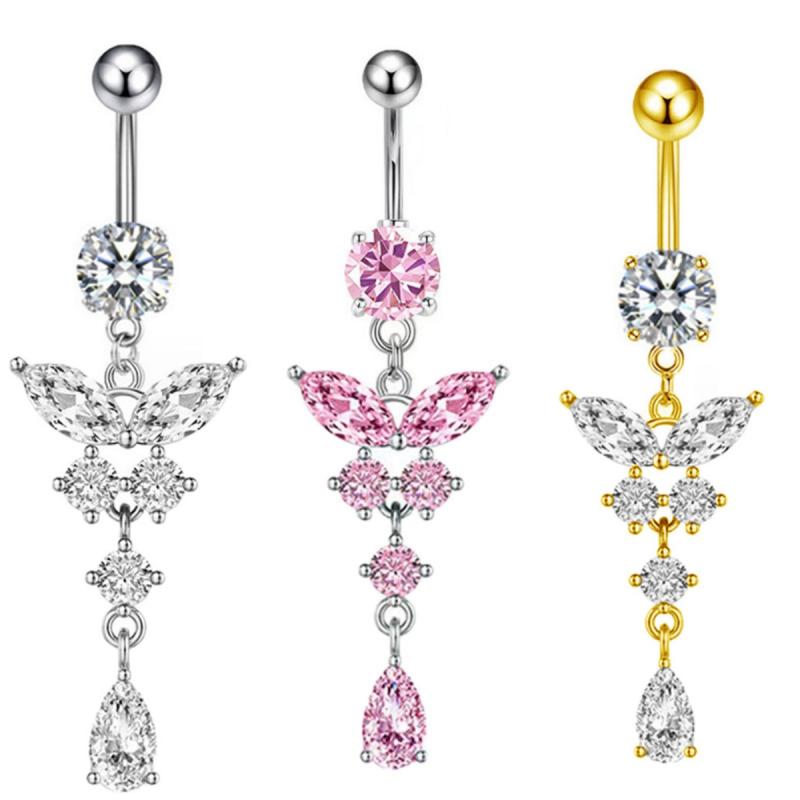 Modische Kristall Bauchnabelringe Edelstahl Langer Anhänger Schmetterling Bauchnabelring Hängend Körper Schmuck Zubehör