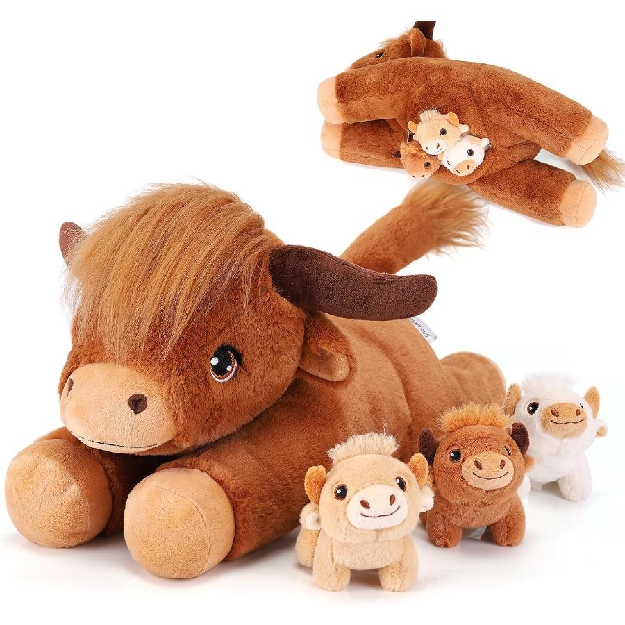 

4 Pieces Highland Cow Stuffed Animals - Brown Plush Cows featuring 3 Babies designed for Girls Age 3-8 - Adorable Cows Plush Playthings designed for United States