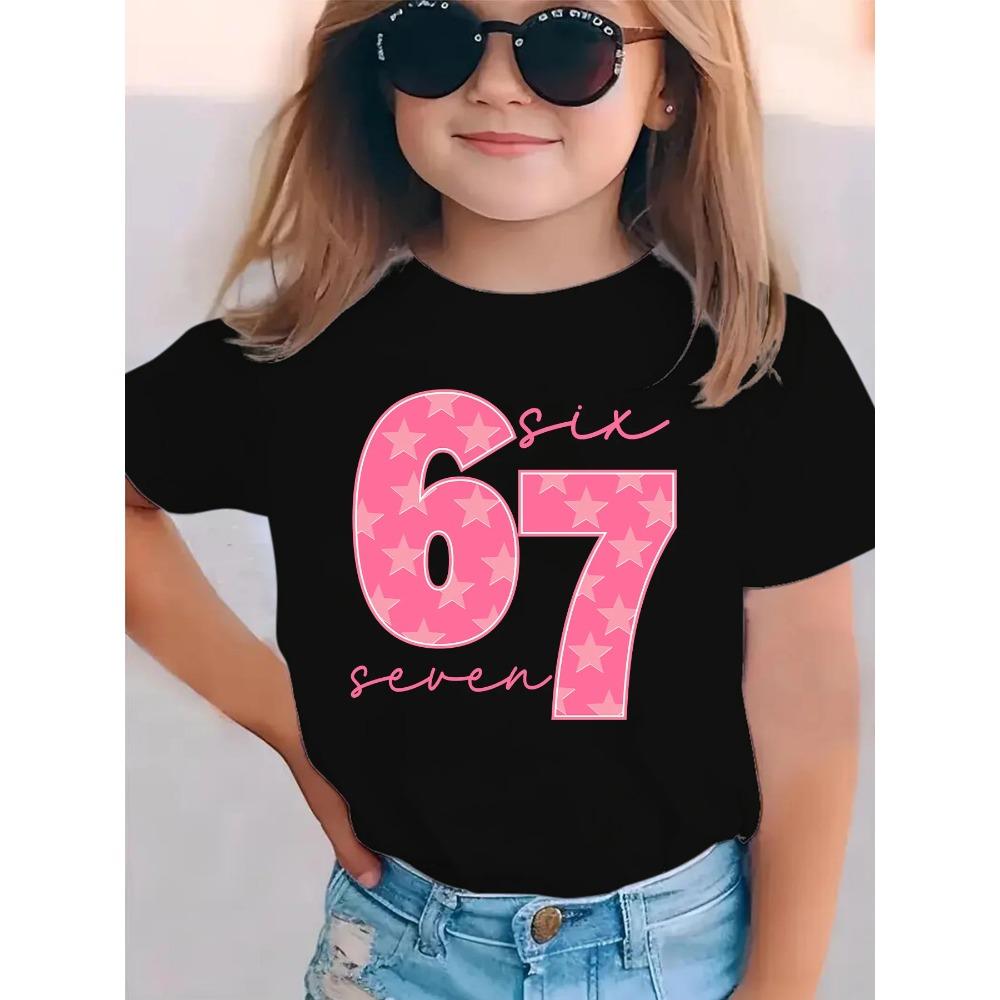 Summer Fashion Girls' Short-Sleeve T-Shirt with Star Elements Six Seven 6 7 Cartoon Print Casual and Versatile Top