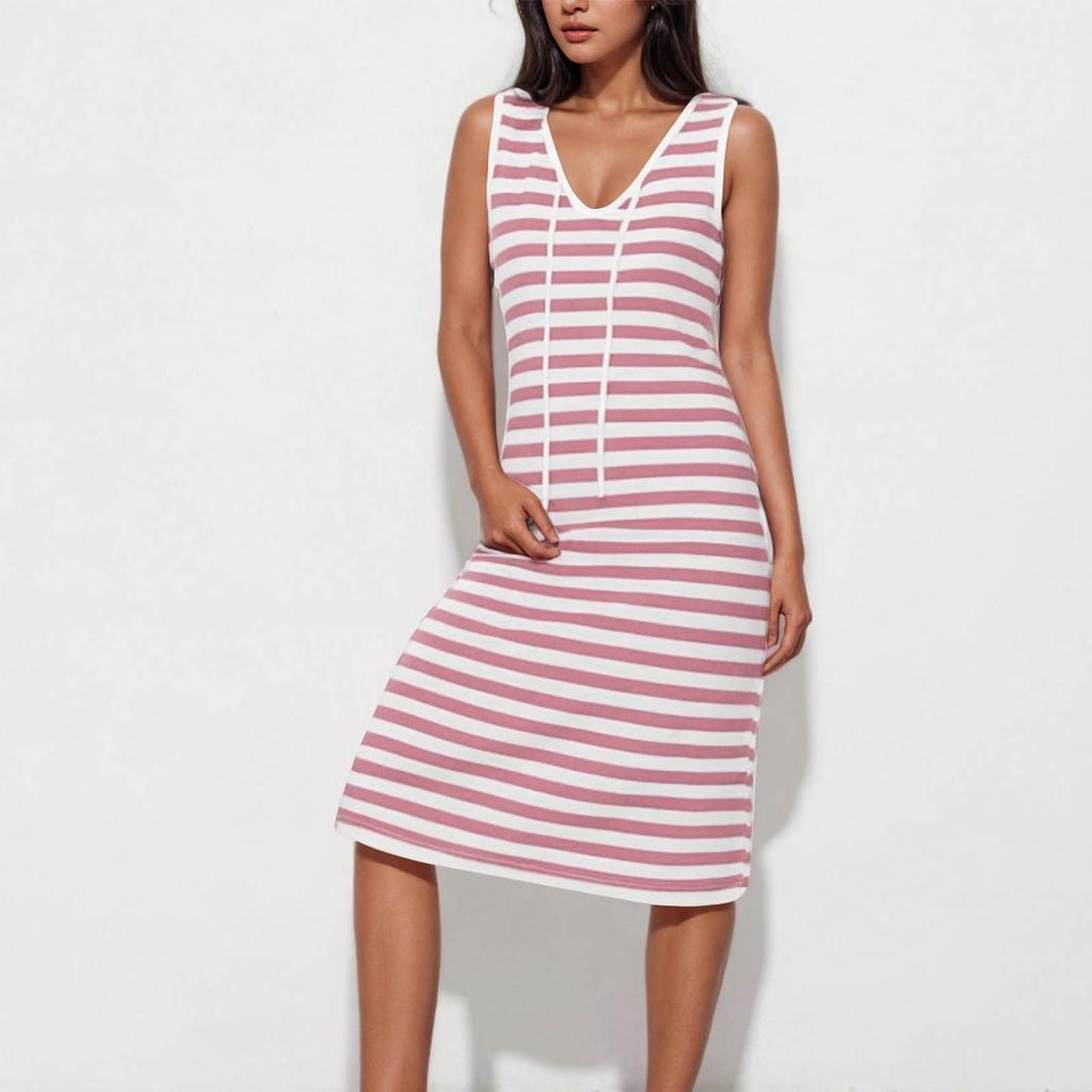 Ladies' Casual Loose Drawstring Sexy Striped V-neck Contrasting Sleeveless Dress