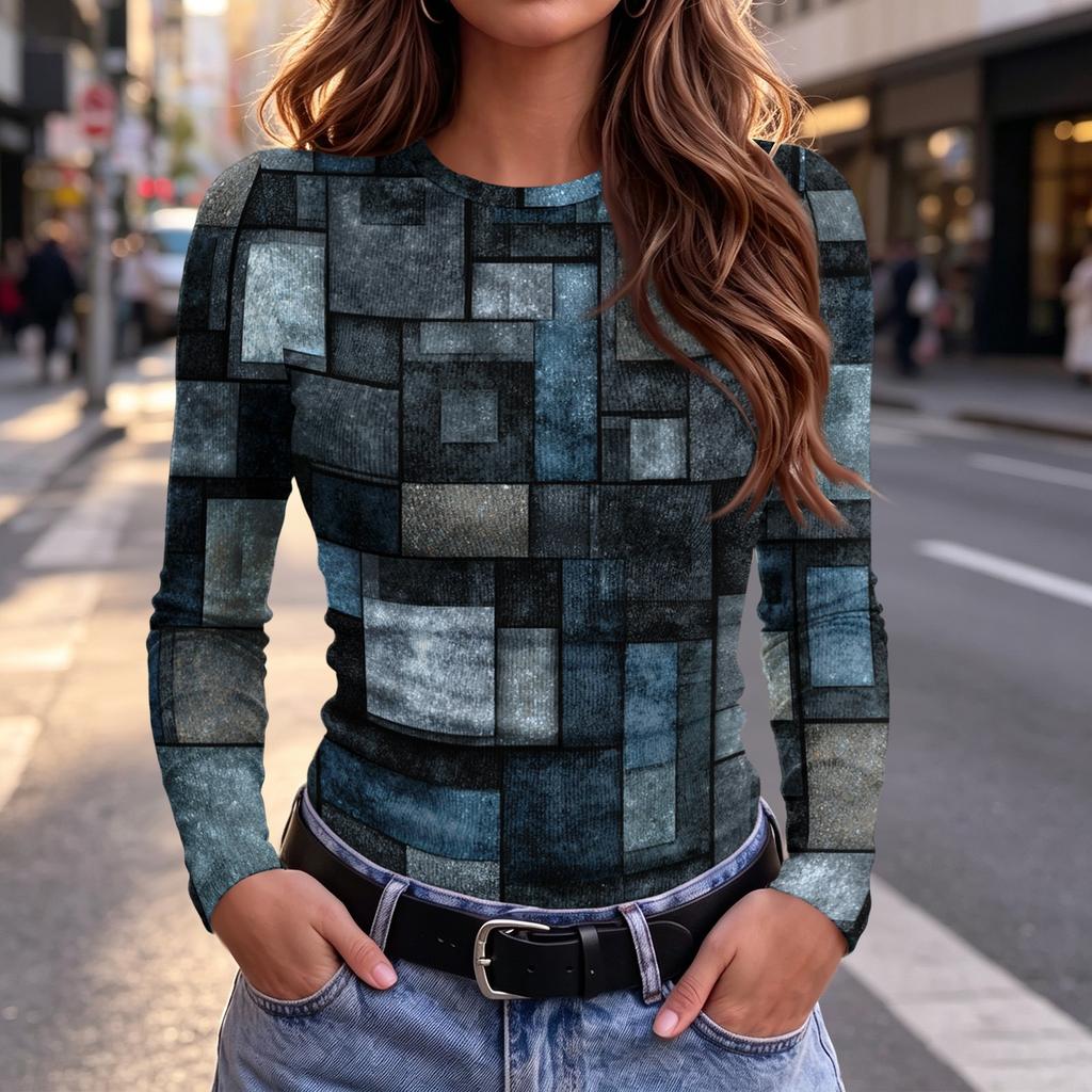 Women's Slim Fit Long Sleeve T-Shirt with Vintage Print Neck Casual Top for Everyday Wear