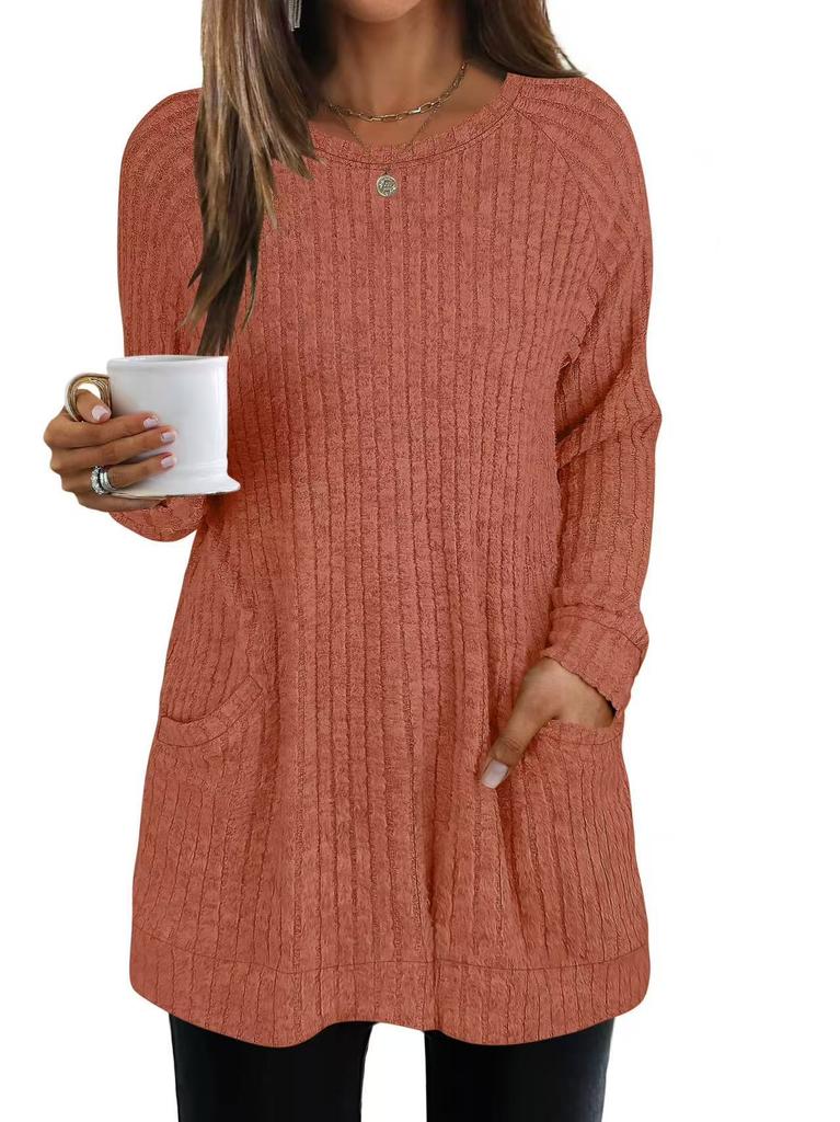 Women's Crew Neck Long Sleeve Knit Tunic Loose Fit Elegant Casual Solid Color Pocket Long Top Fall Pullover Shirt