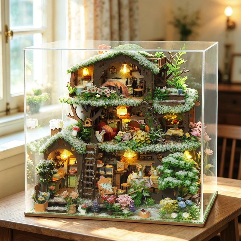 Maison Arbre d'Hiver Neigeuse Villa Kit de Maison de Poupée DIY Fait Main, Kit de Maison Miniature en Bois 3D, Chalet Fantaisiste Petite Maison Décor Cadeau