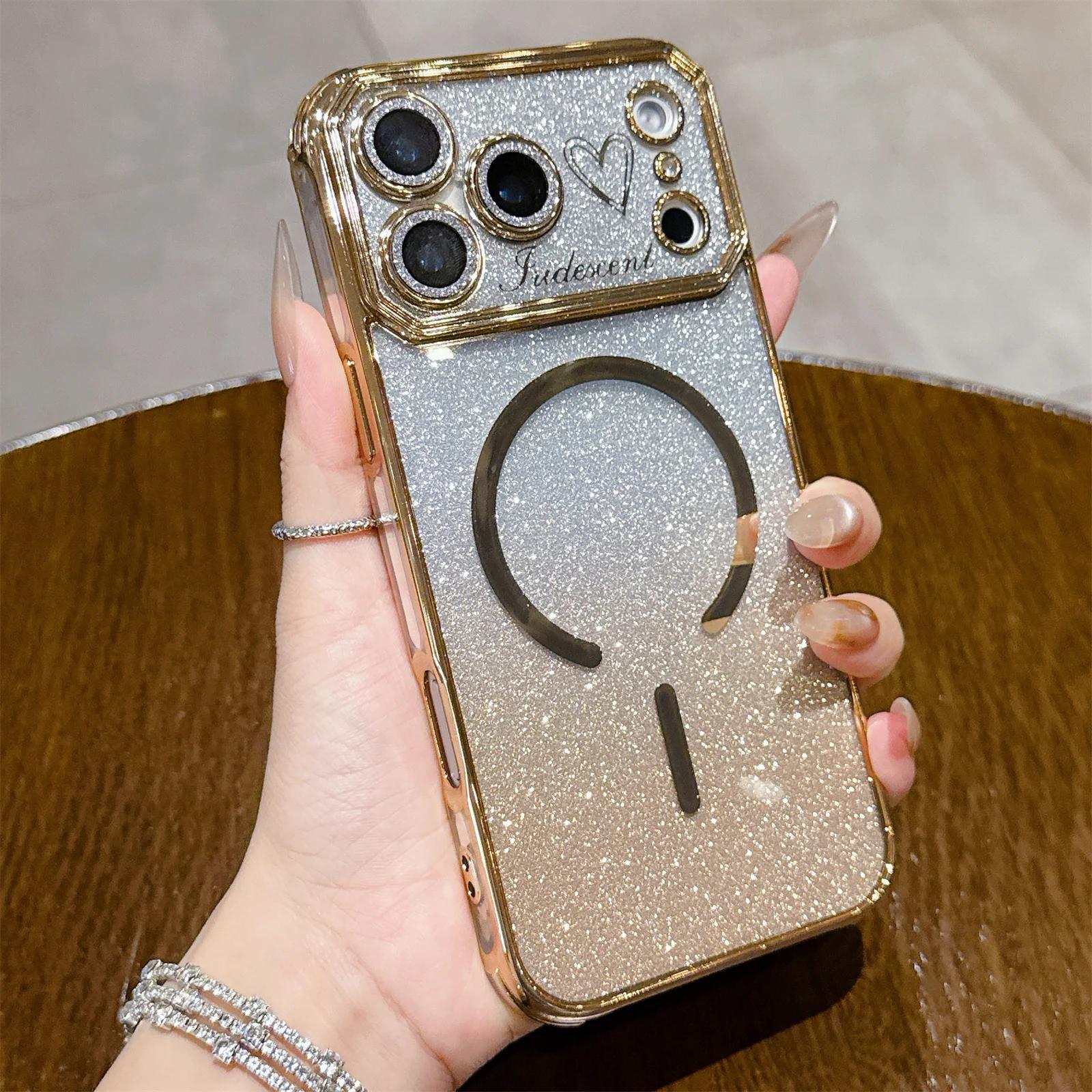

Electroplated Soft Slim Magnetic Gradient Glitter Phone Case for apple iPhone 13 14 15 16 17 pro Max plus Durable Bling Cover iPhone17 Pro Max золотий